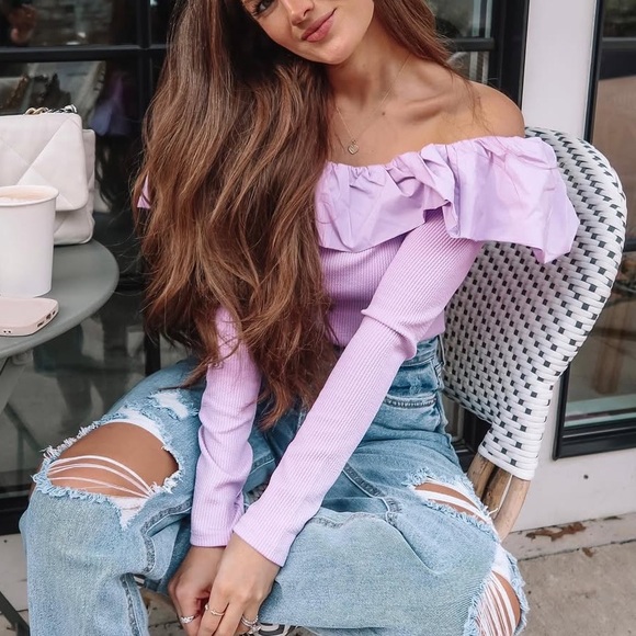 H&M NWT light purple ruffle sleeve long sleeve off shoulder textured stretch top - Picture 5 of 9